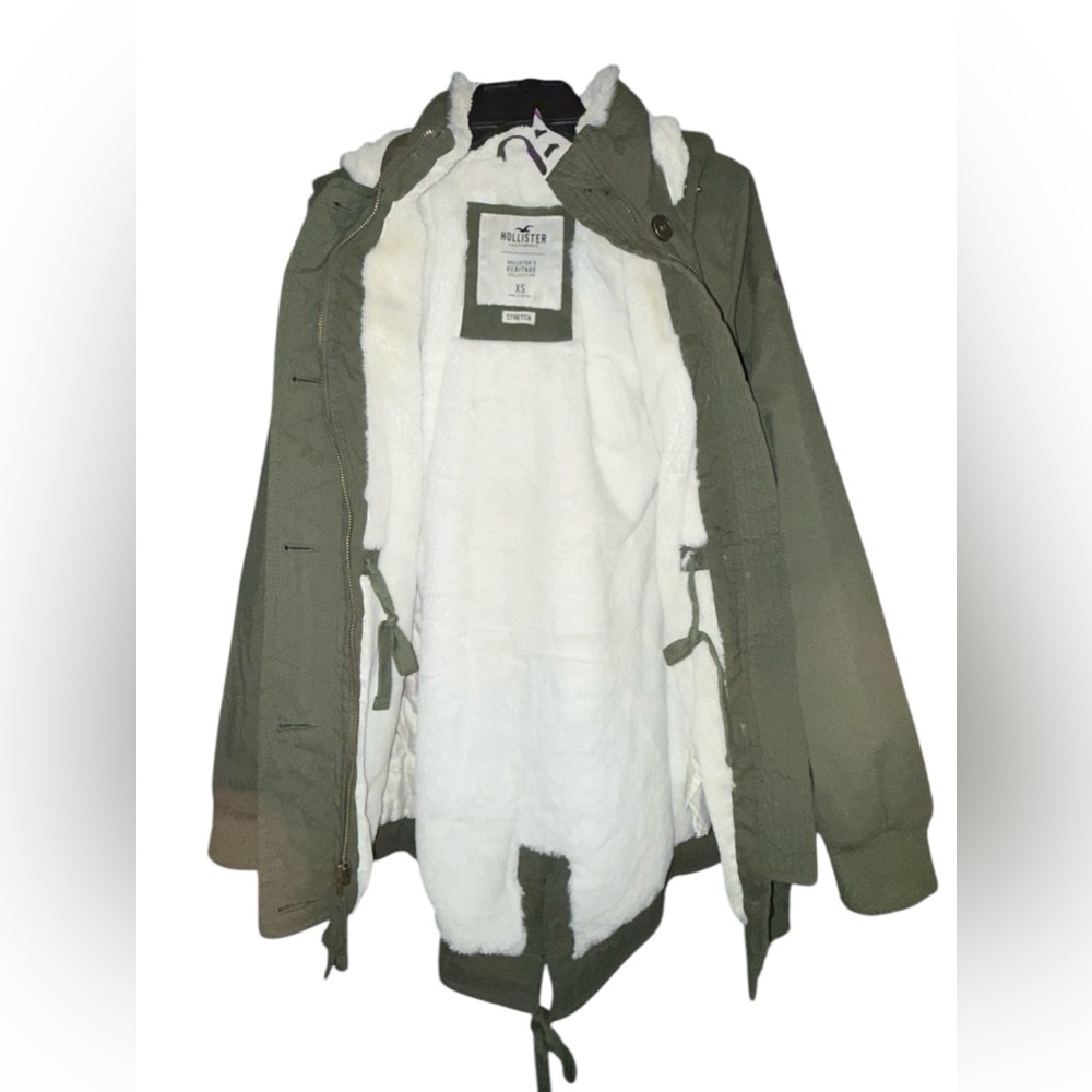 HOLLISTER WOMENS STRETCH TWILL SHERPA LINED PARKA HOODED OLIVE GREEN JACKET XS